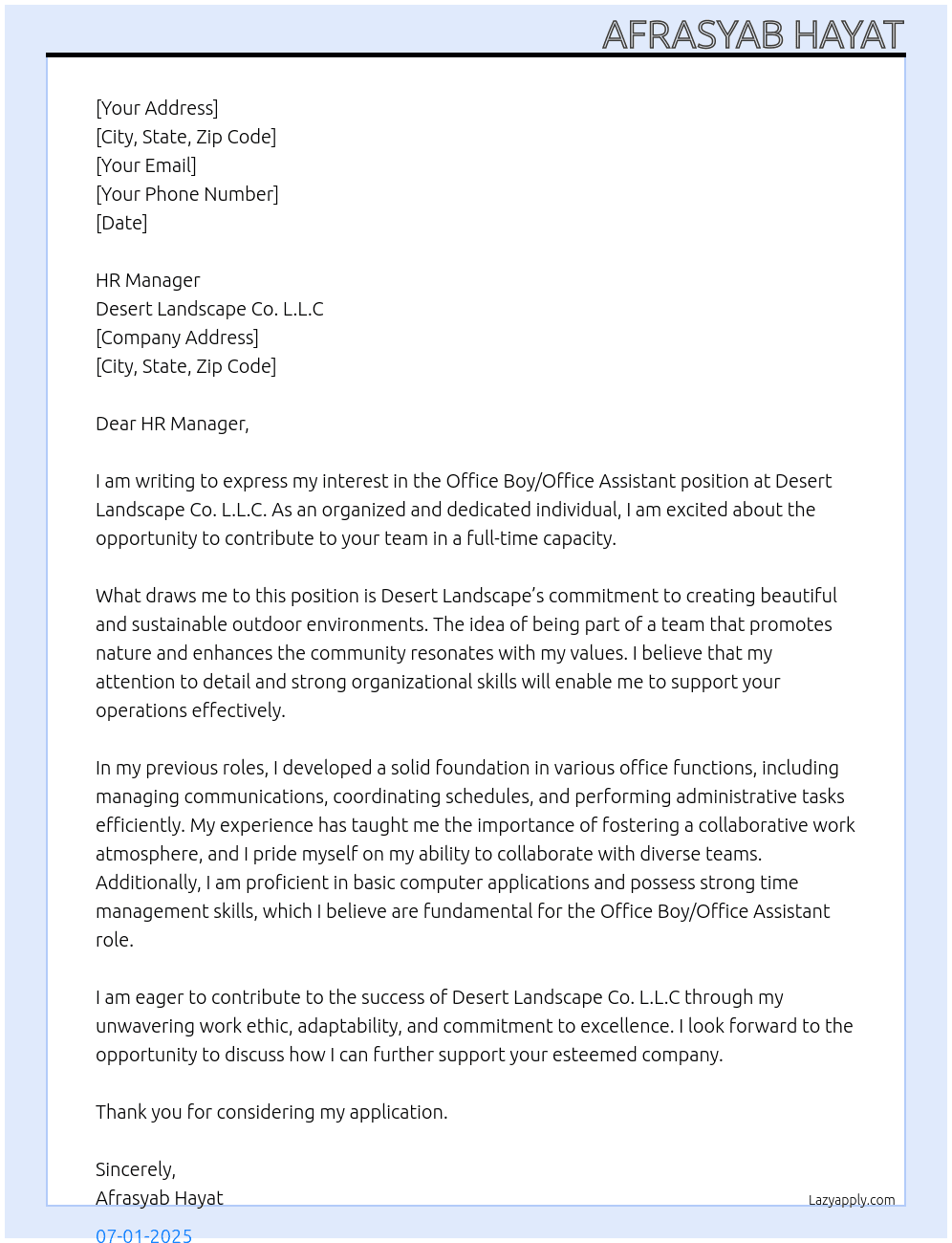 Office Boy Office Assistant  At Desert landscape co L.L.C Cover Letter