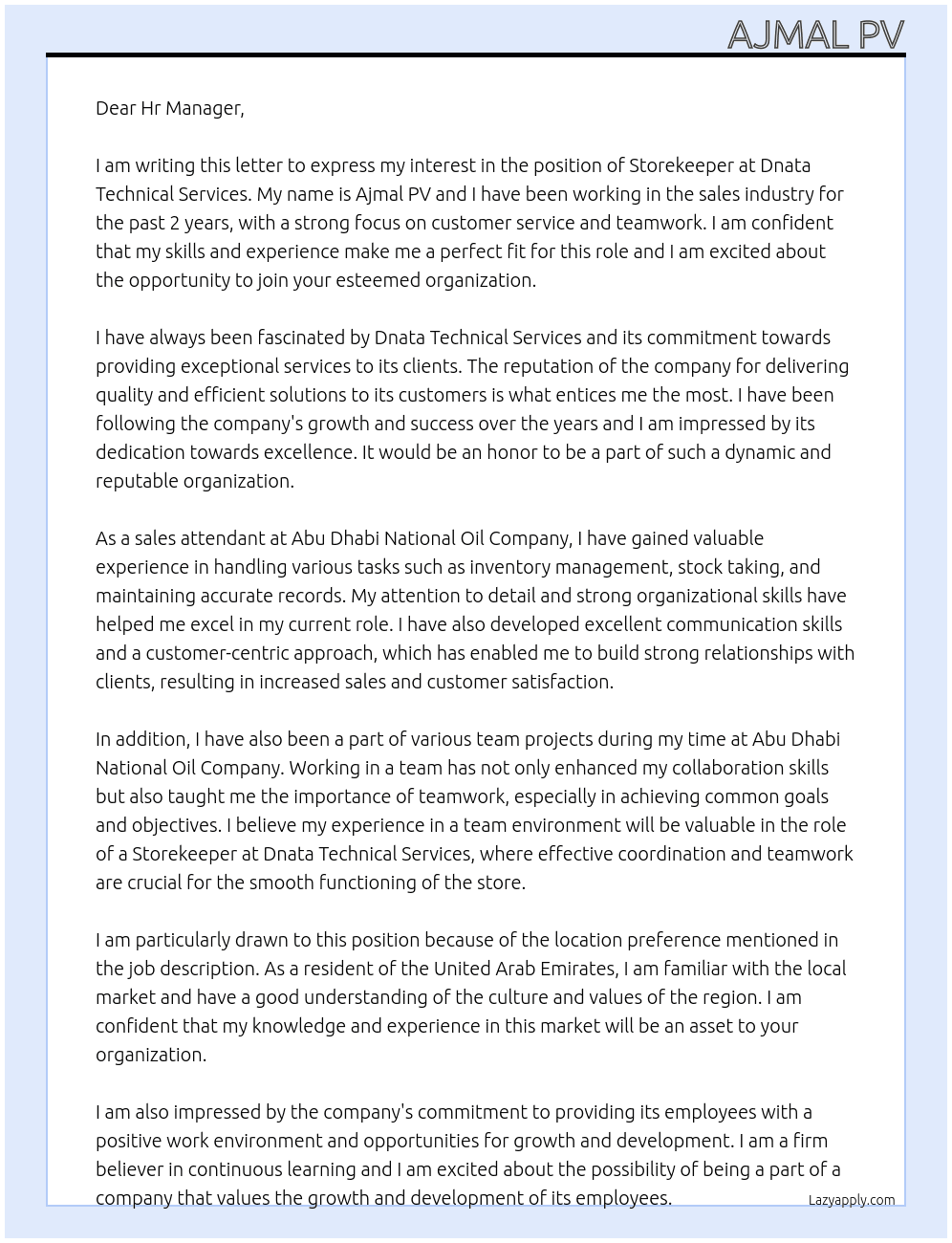 Storekeeper At Dnata technical servises Cover Letter