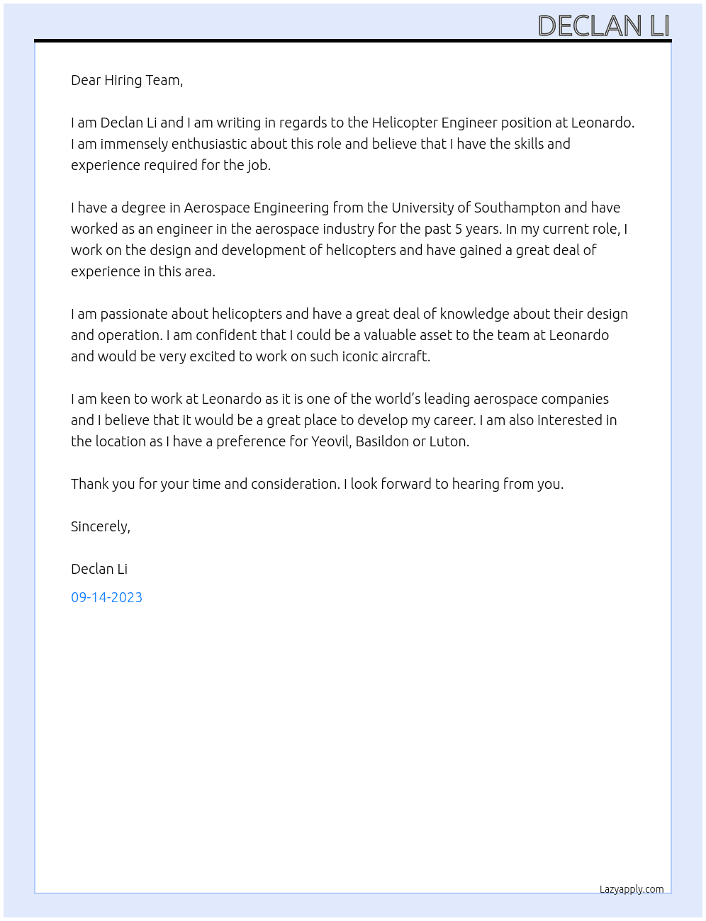 Helicopter Engineer At Leonardo Cover Letter