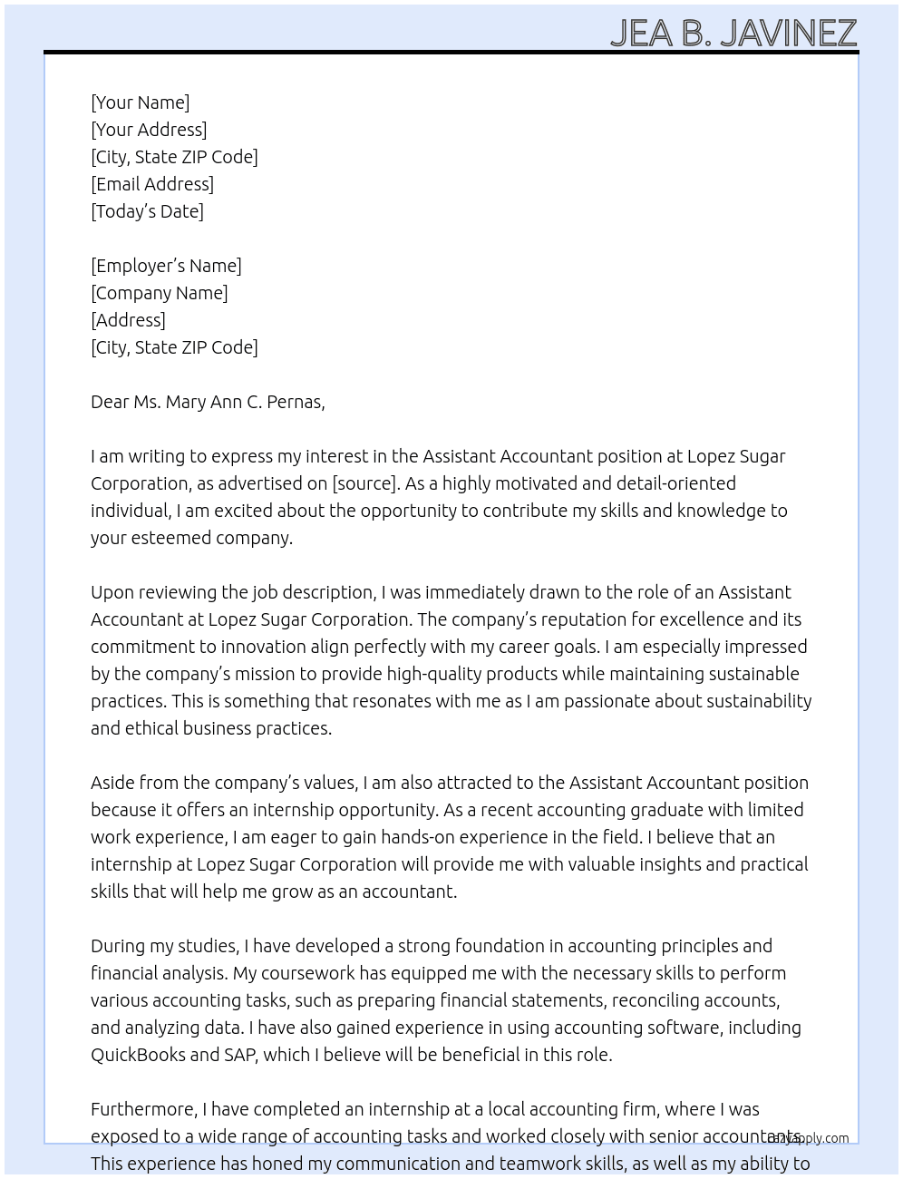 Assistant Accountant At Lopez Sugar Corporation Cover Letter