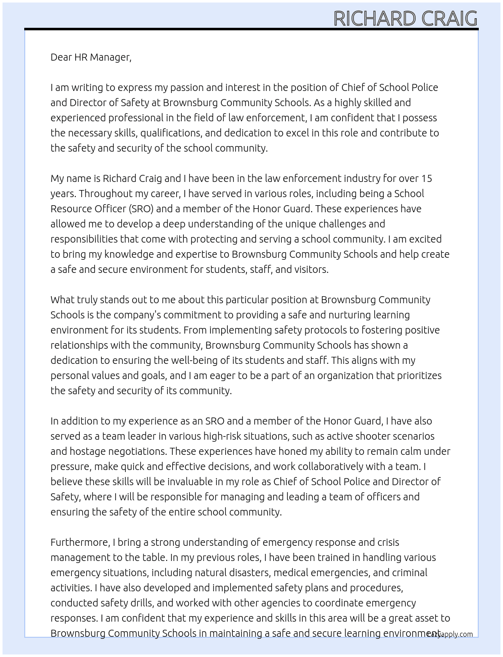 Chief of School Police and Director of Safety At Brownsburg Community Schools Cover Letter