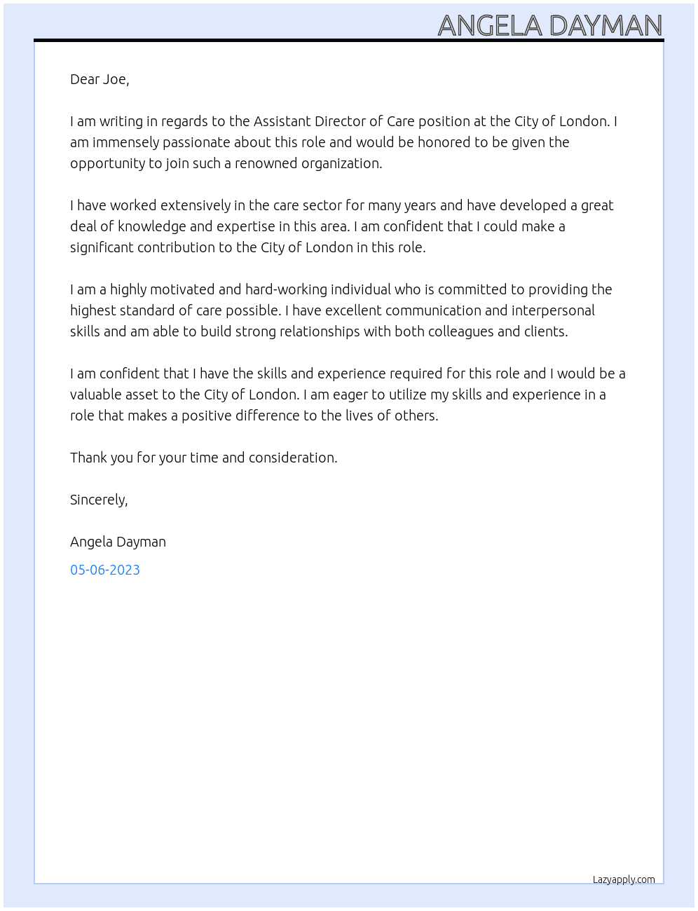 Assistant Director of Care At CITY OF LONDON Cover Letter