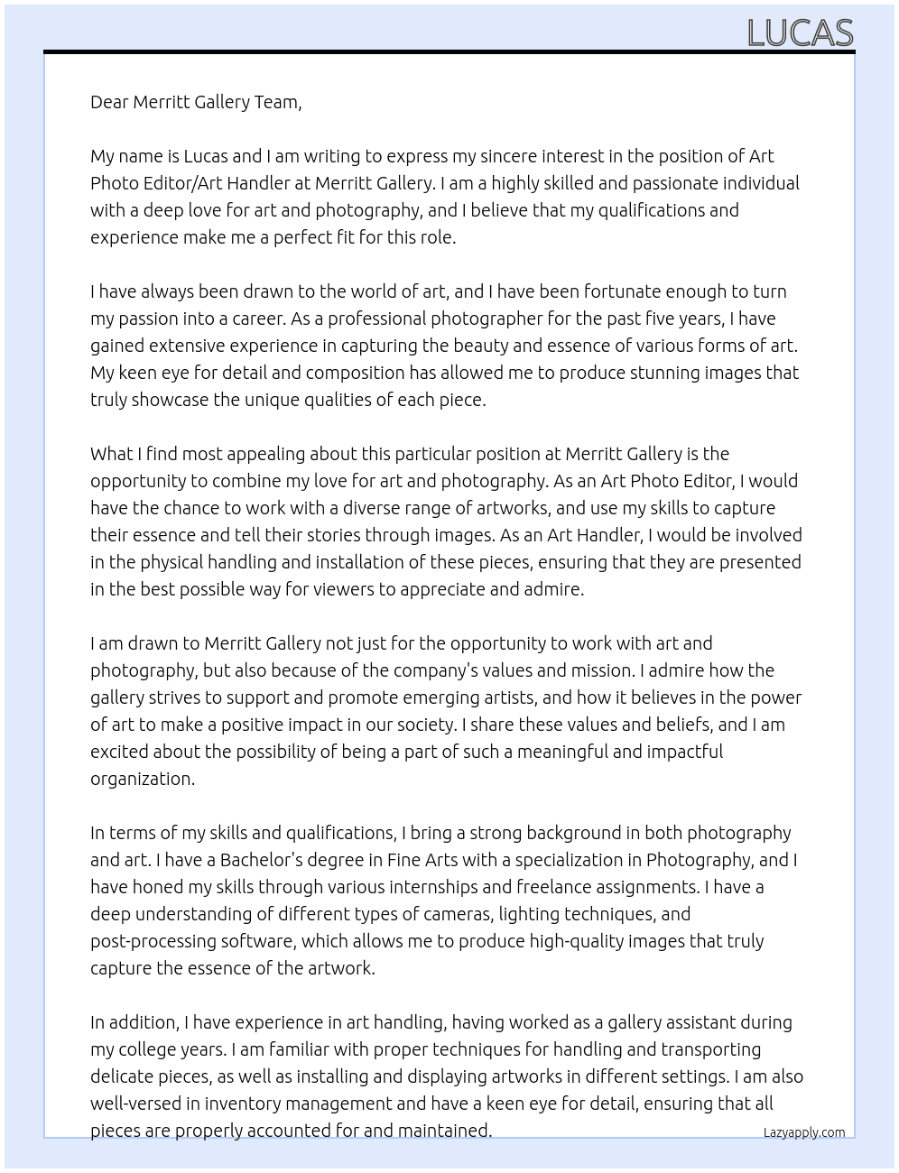 Art Photo Editor/Art Handler At Merritt Gallery Cover Letter