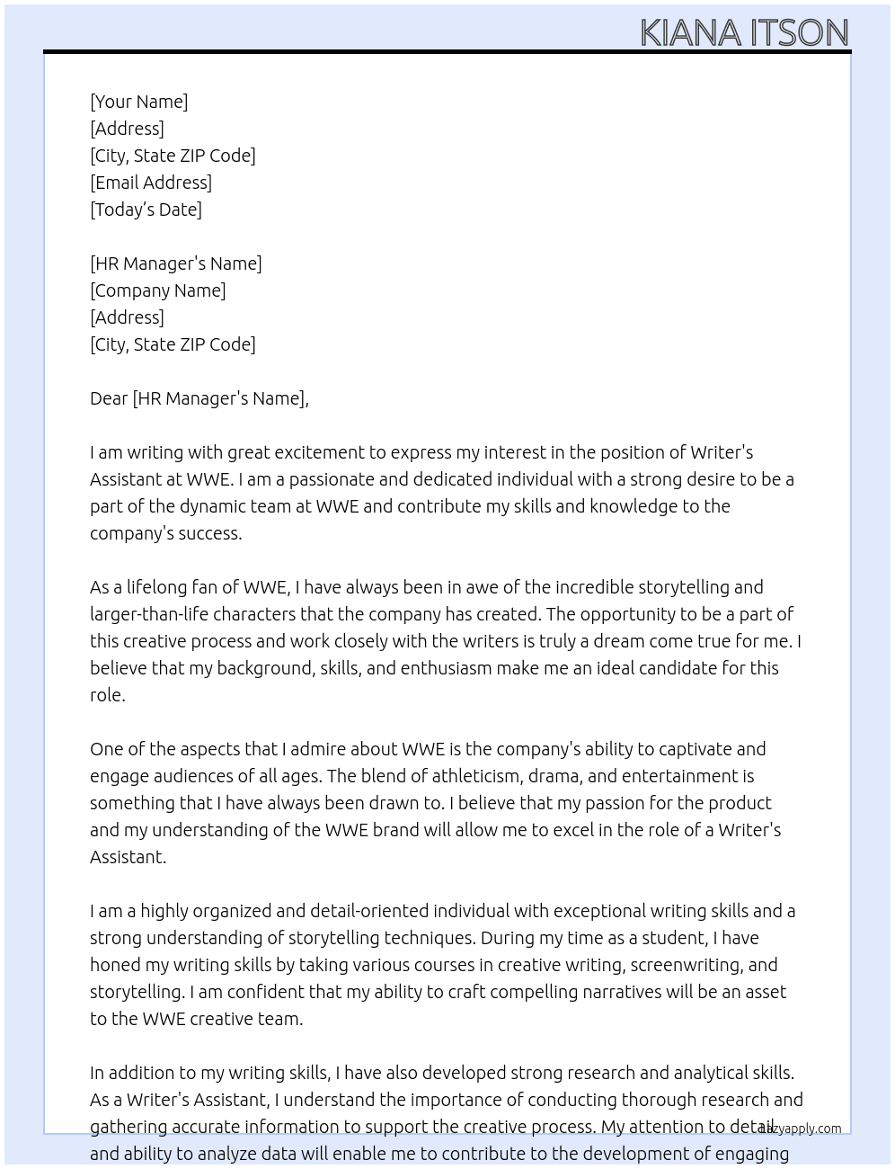 Cover letter for writer's assistant - LazyApply