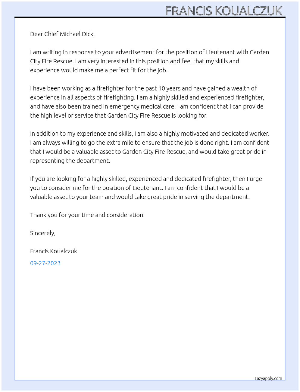 Lieutenant At Garden City Fire Rescue  Cover Letter