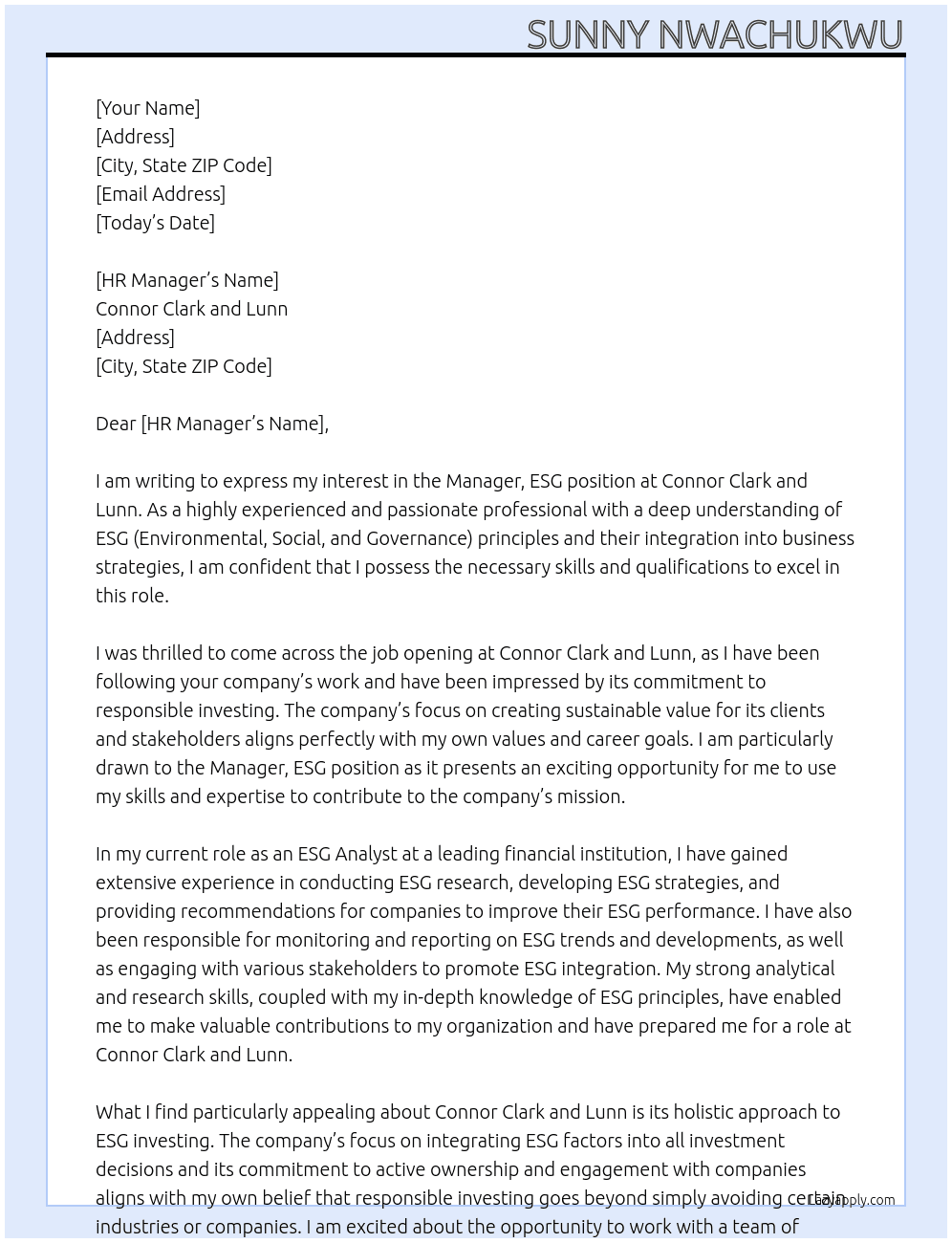 Manager, ESG At Connor Clark and Lunn Cover Letter