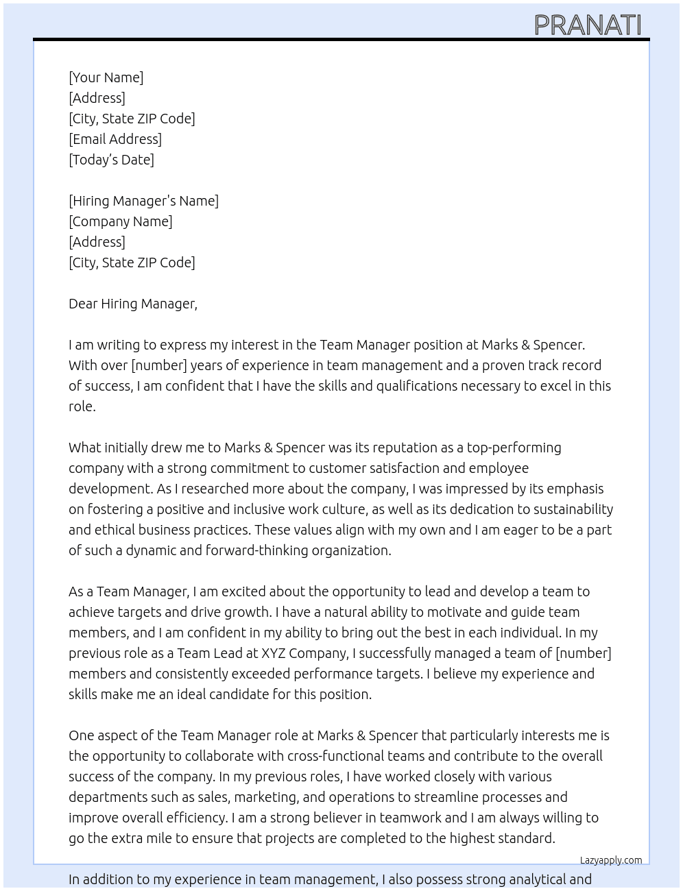 Team Manager At Marks & Spenser Cover Letter