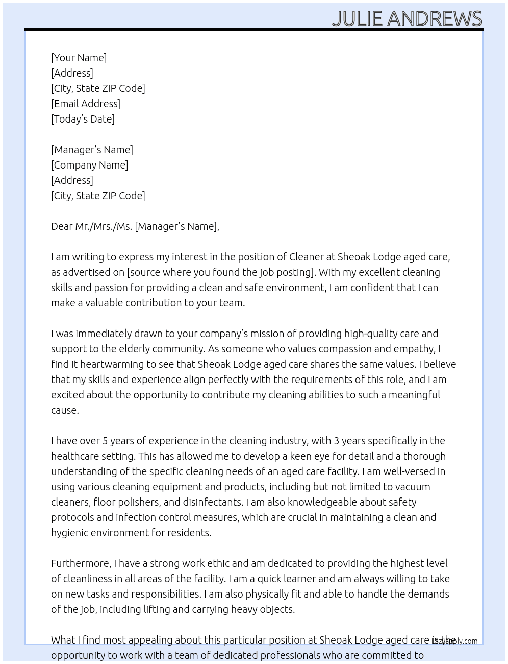 cleaner At Sheoak Lodge aged care Cover Letter