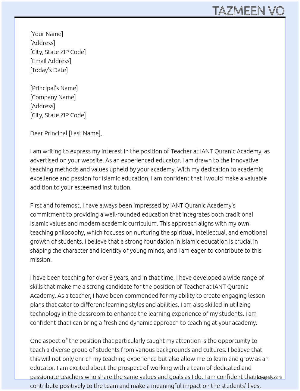 Teacher At IANT Quranic Academy Cover Letter