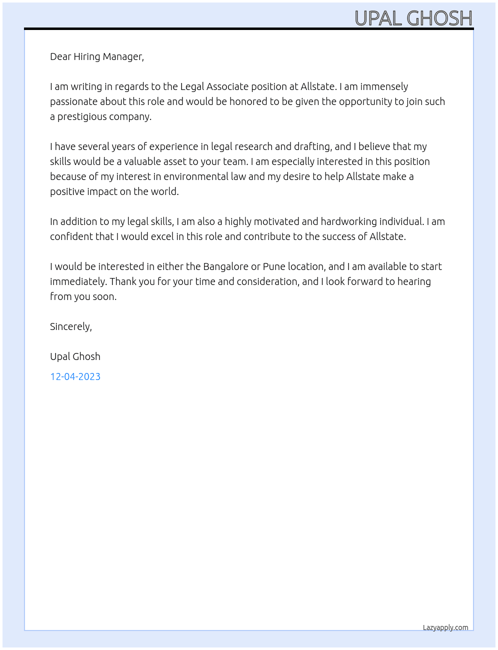 Legal Associate At Allstate Cover Letter