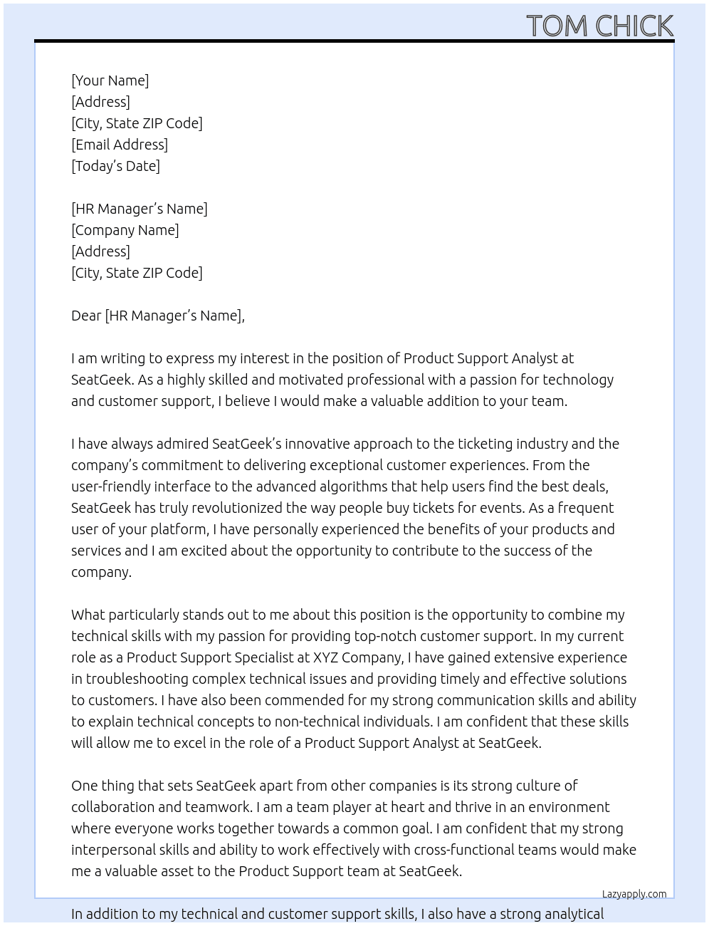 Product support analyst  At SeatGeek  Cover Letter