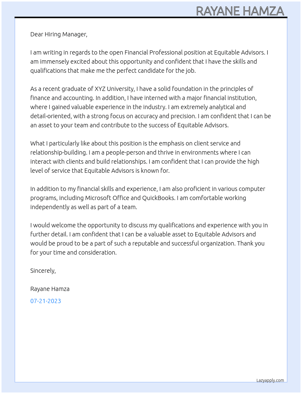 Financial Professional entry-level  At Equitable Advisors  Cover Letter