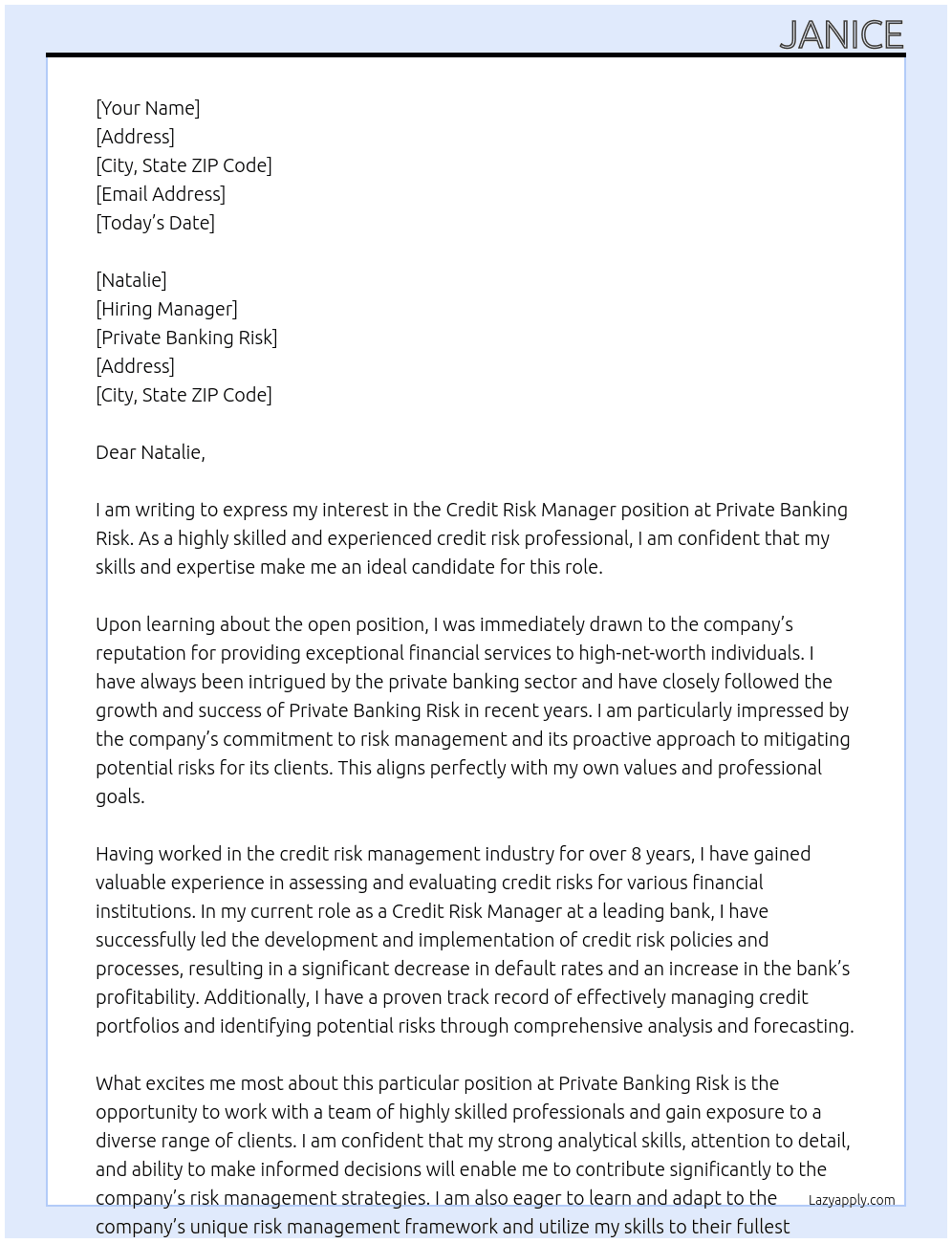 Credit Risk Manager At Private Banking Risk Cover Letter