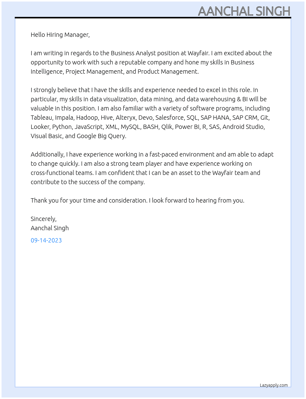 Business Analyst At WayFair Cover Letter