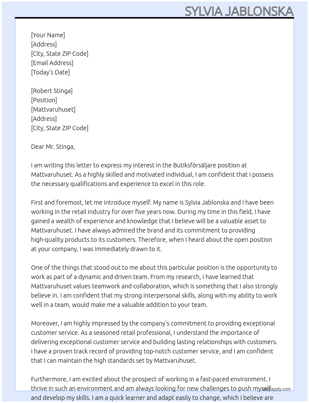 butiksförsäljare At Mattvaruhuset Cover Letter