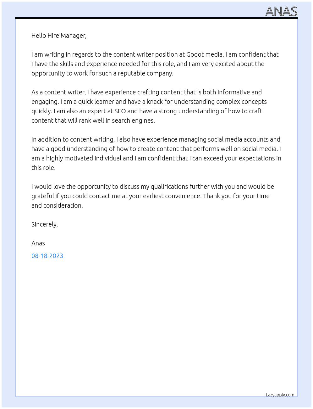 Content writer At Godot media Cover Letter