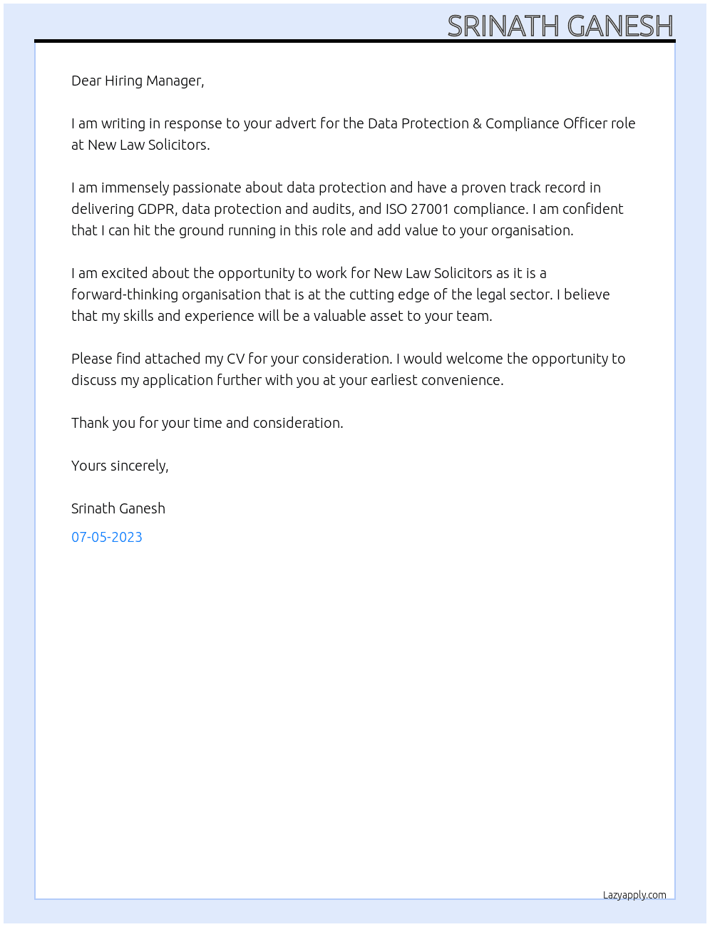 Data Protection & Compliance Officer At New law solicitors Cover Letter