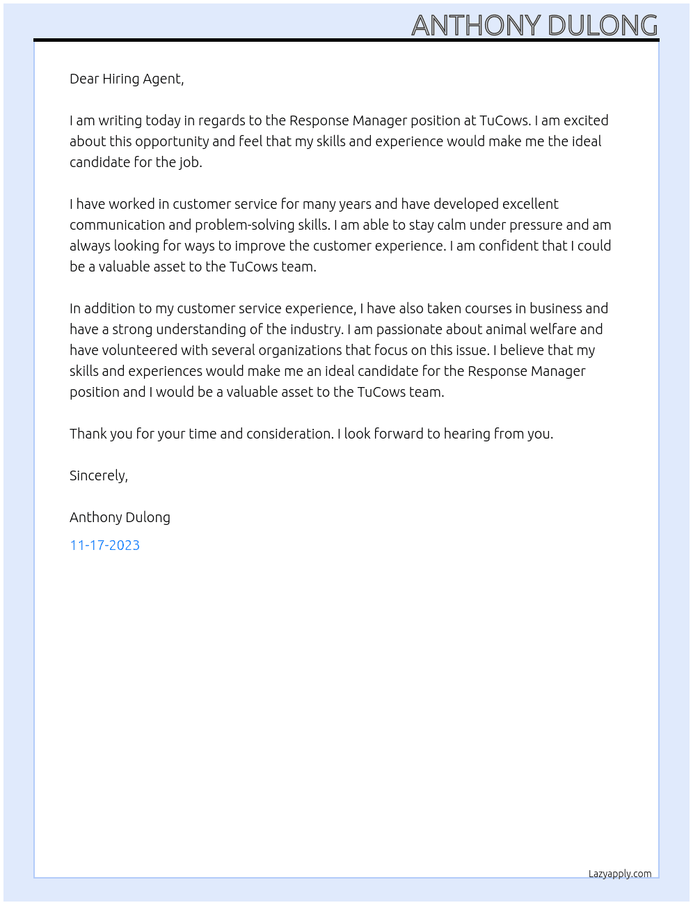Response Manager At TuCows Cover Letter