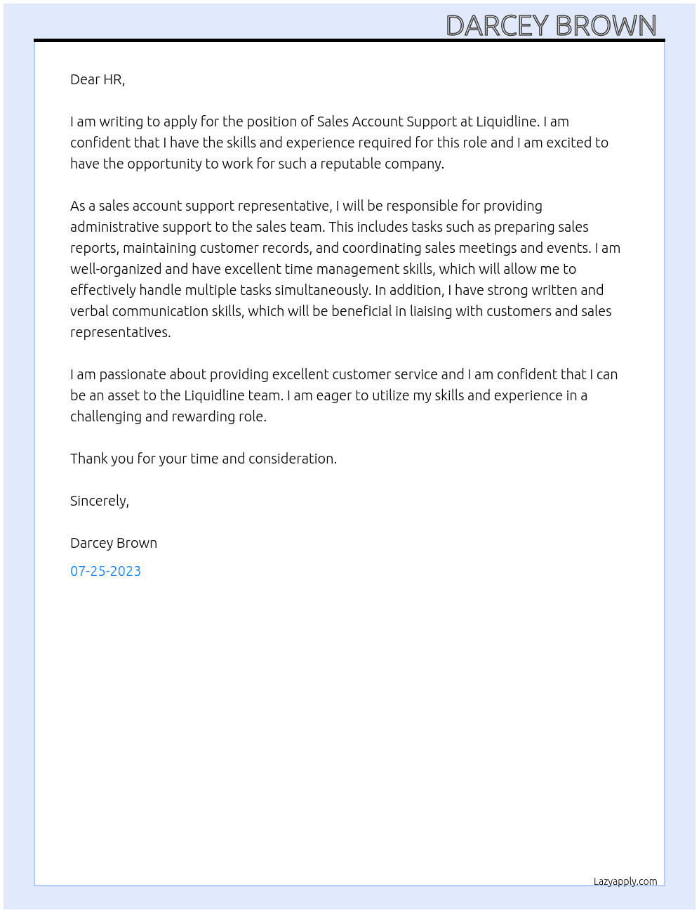 Sales Account Support  At Liquidline  Cover Letter