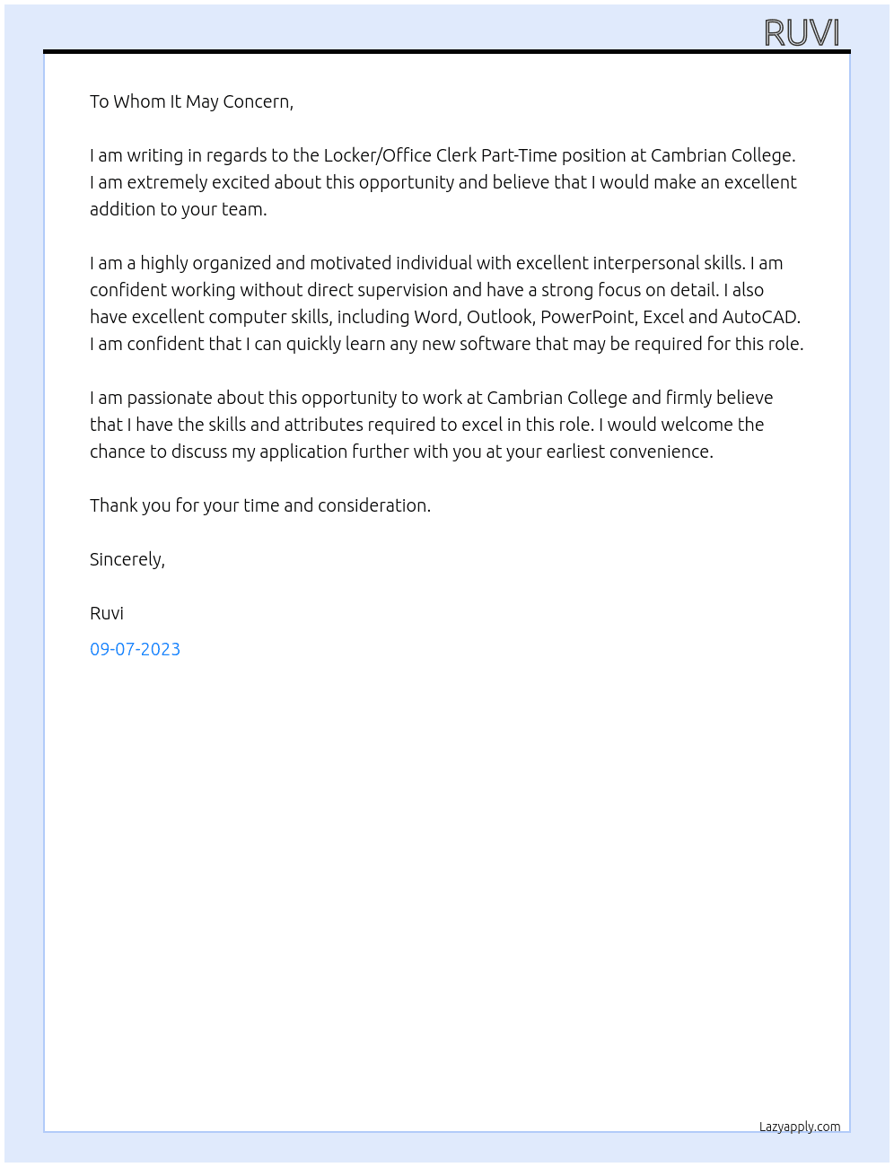 	Locker/Office Clerk Part-Time At Cambrian College Cover Letter