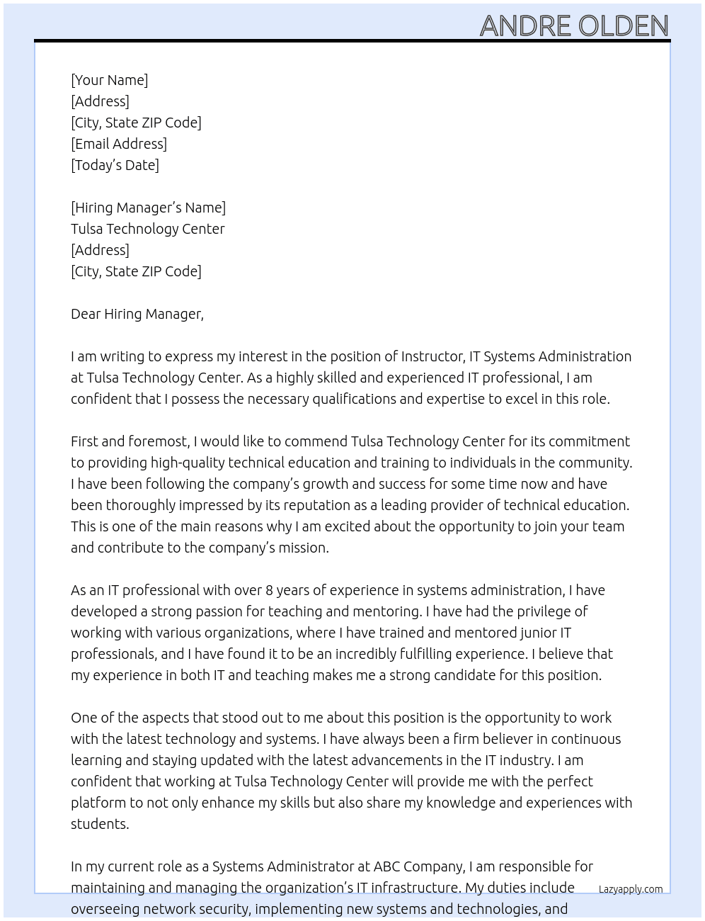 Instructor, IT Systems Administration At Tulsa Technology Center Cover Letter