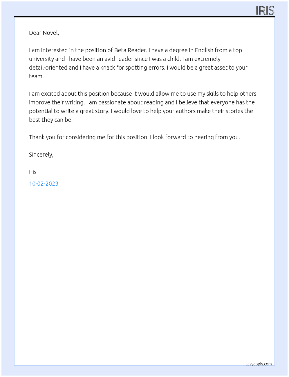 Beta Reader At Novel Cover Letter