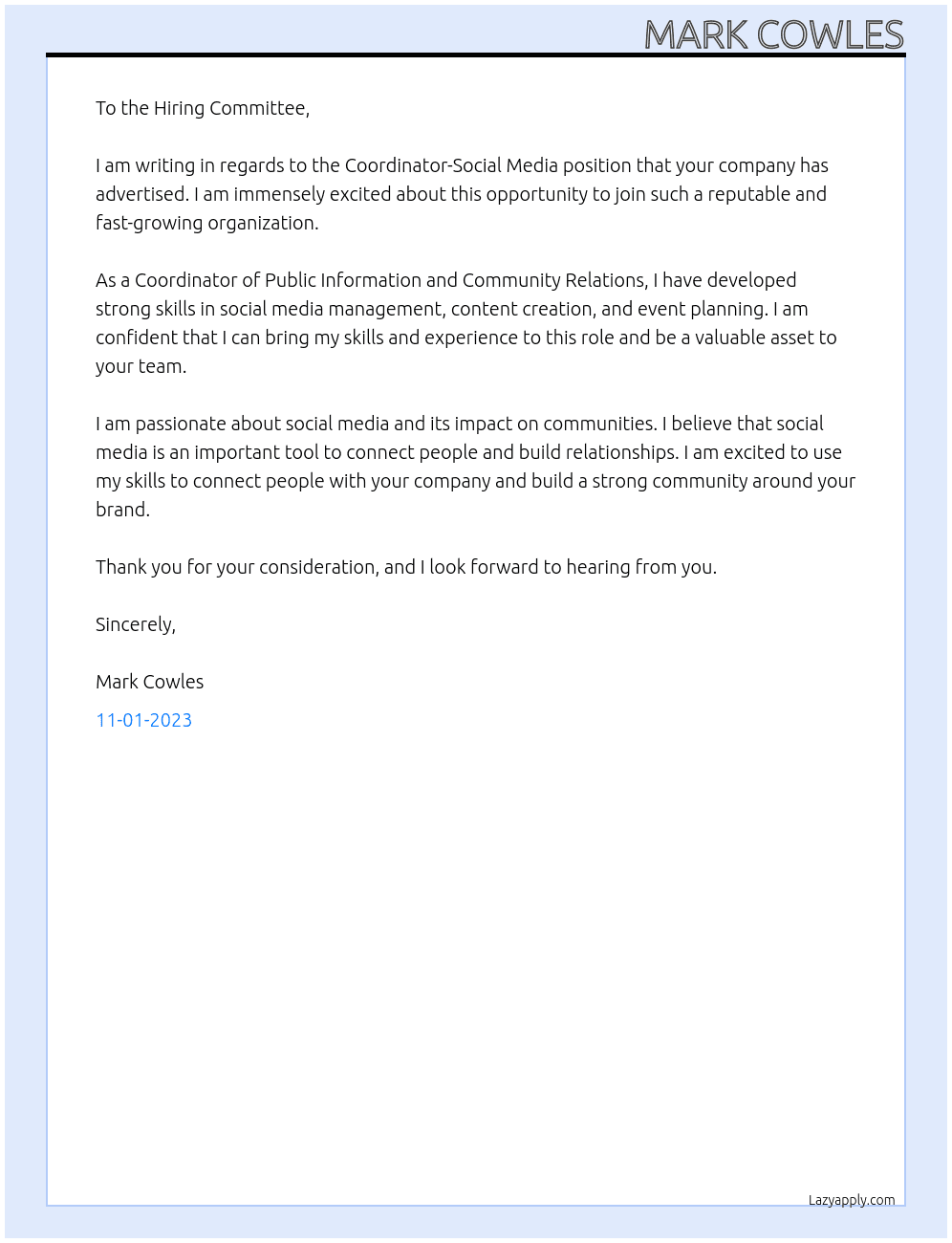 Coordinator-Social Media At Coordinator of Public Information and Community Relations Cover Letter