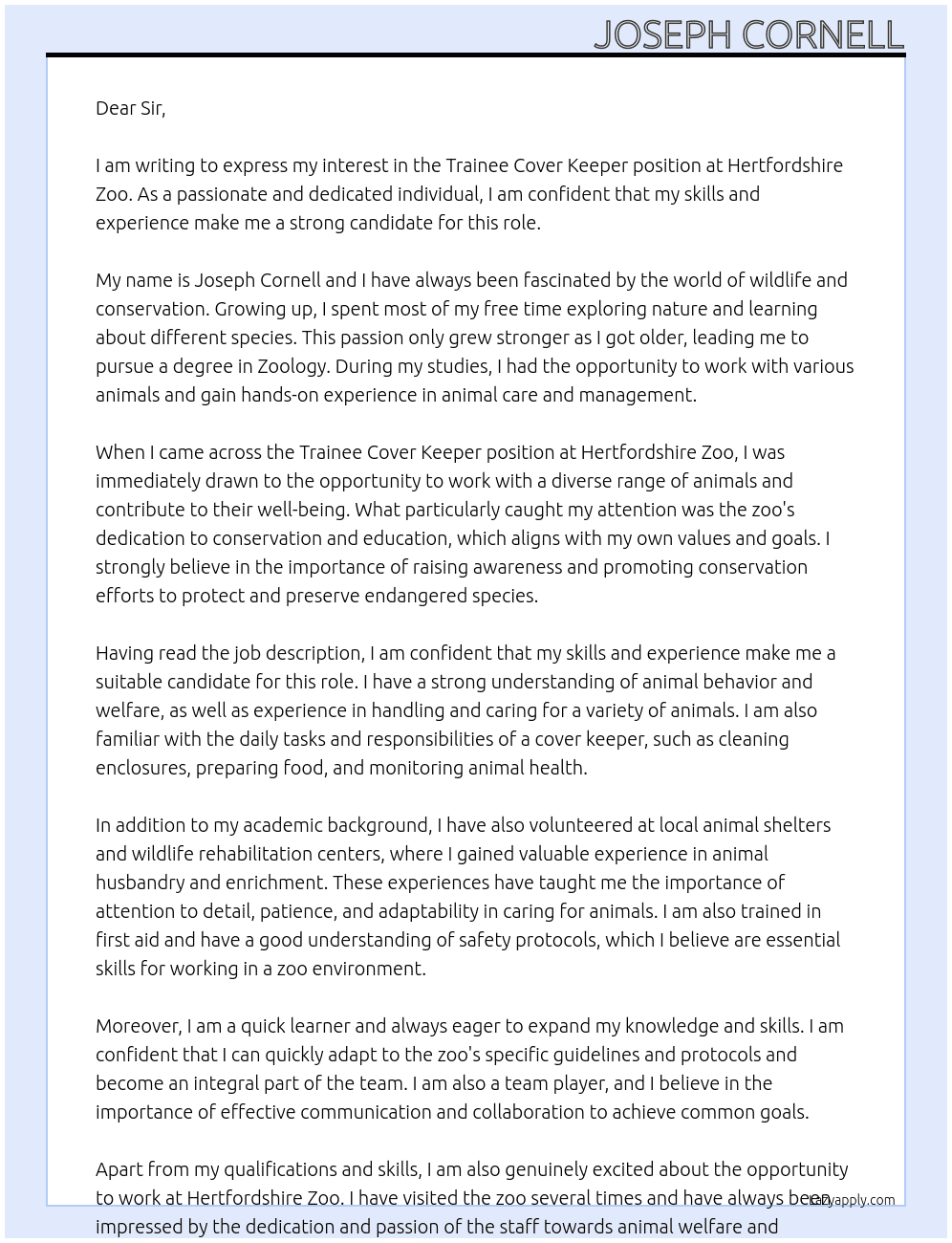 Trainee cover keeper At Hertfordshire Zoo Cover Letter