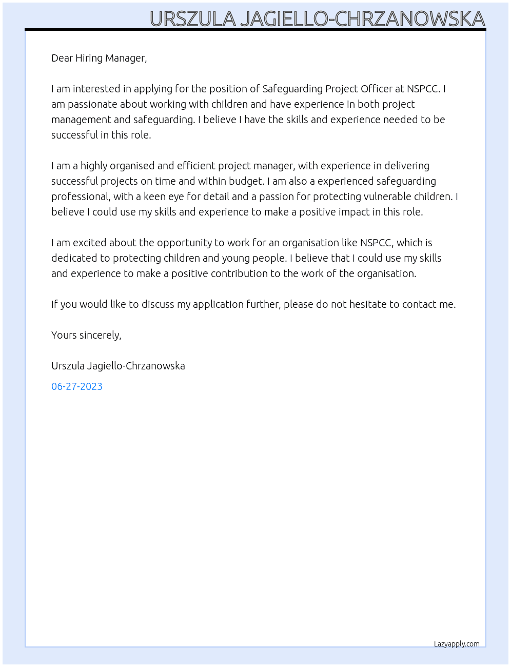 safeguarding project officer At NSPCC Cover Letter