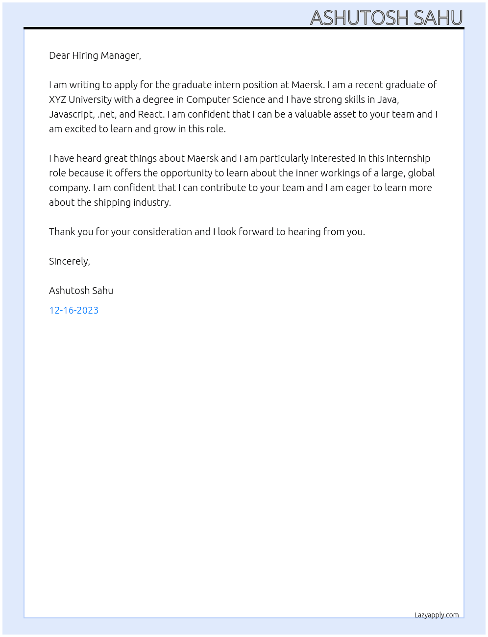 Graduate intern At Maersk Cover Letter