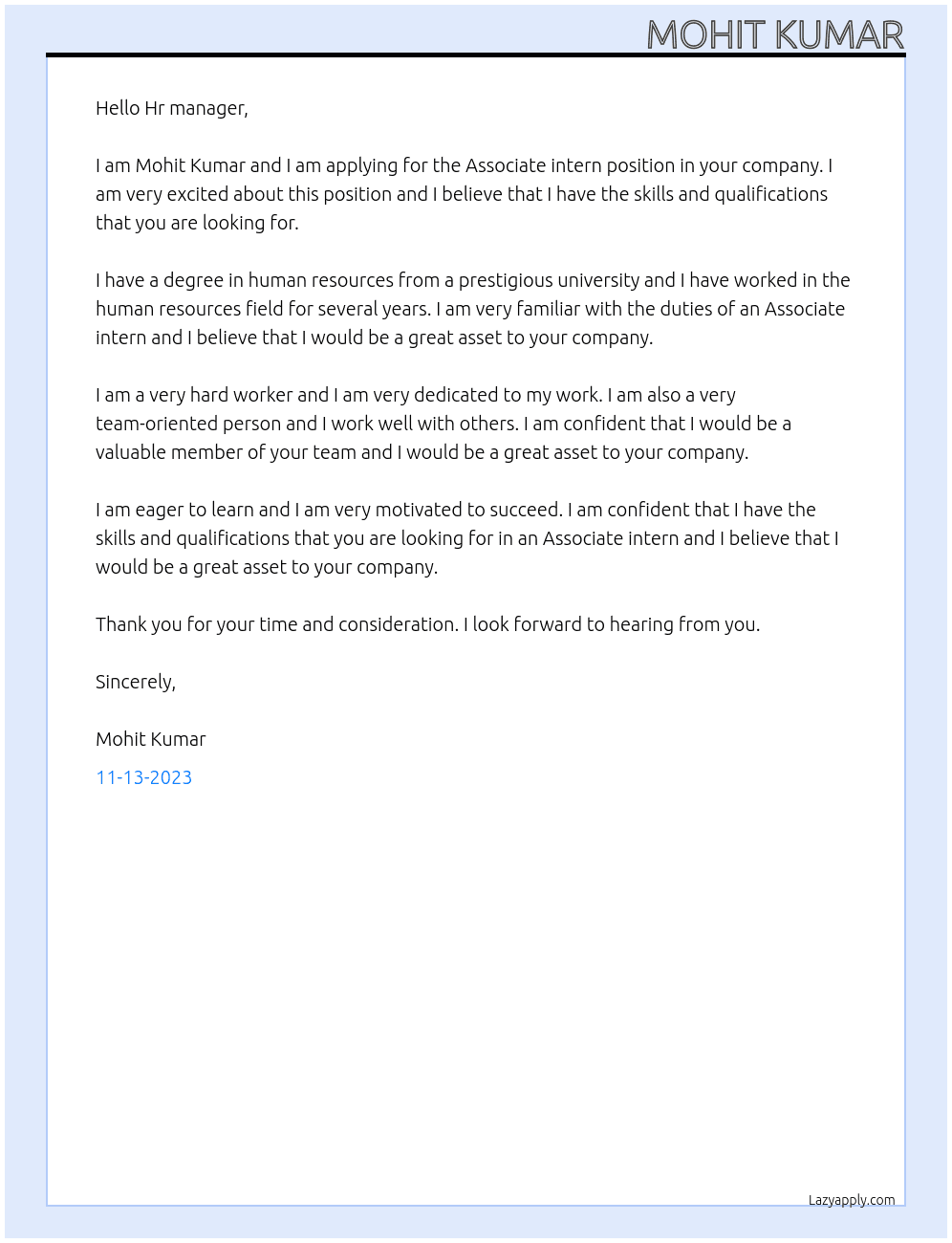Associate intern At Nation with namo Cover Letter
