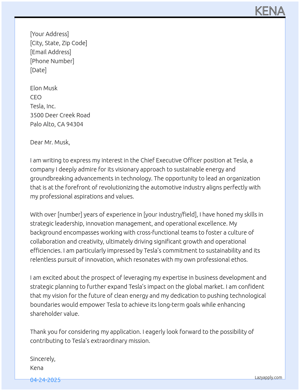 Ceo At tesla Cover Letter