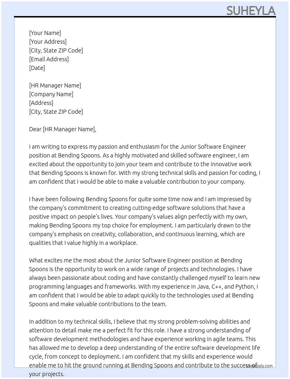 Junior Software Engineer At Bending Spoons Cover Letter