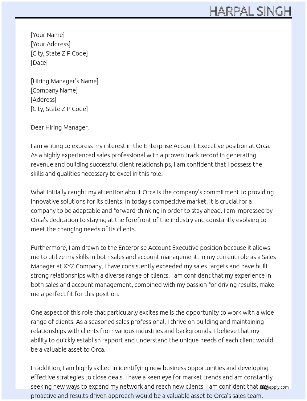 Enterprise Account Executive At Orca Cover Letter