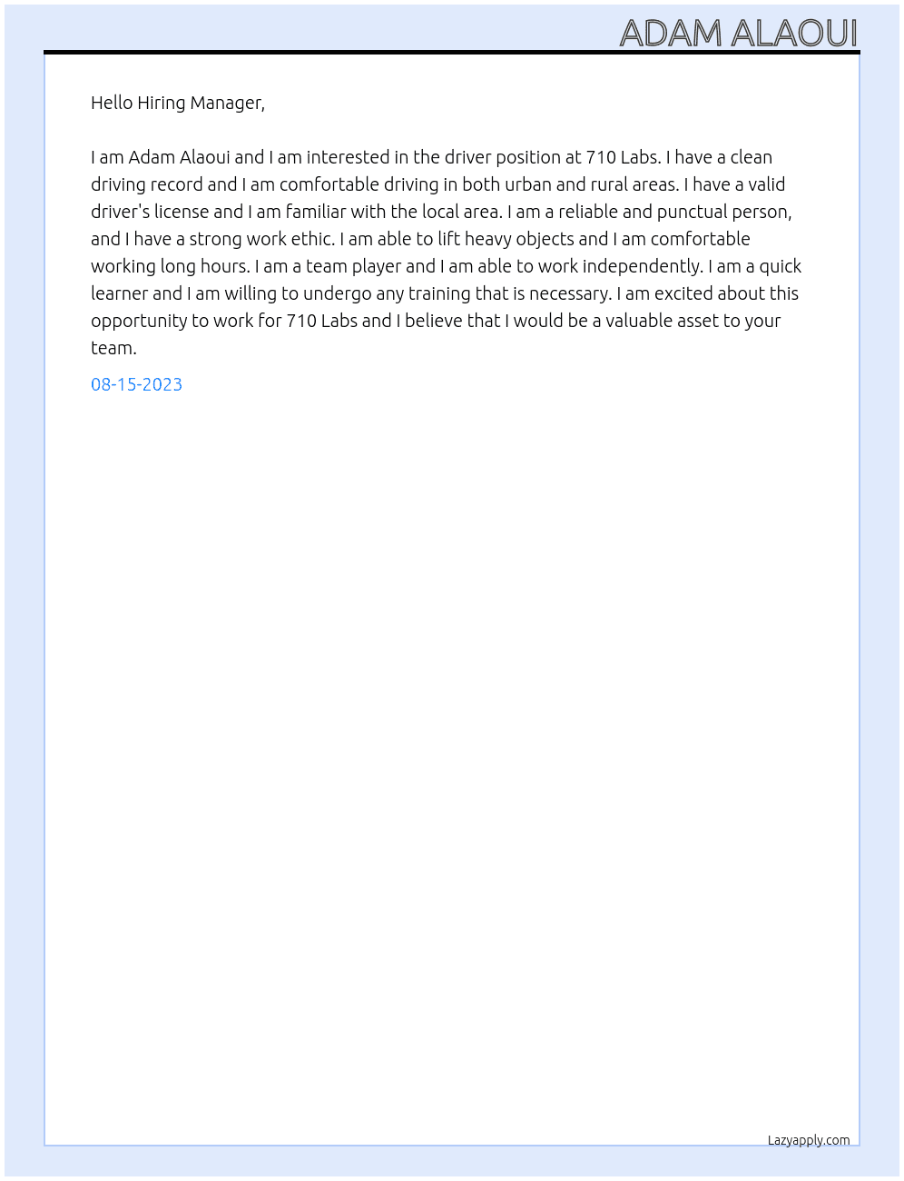 Driver At 710 Labs Cover Letter
