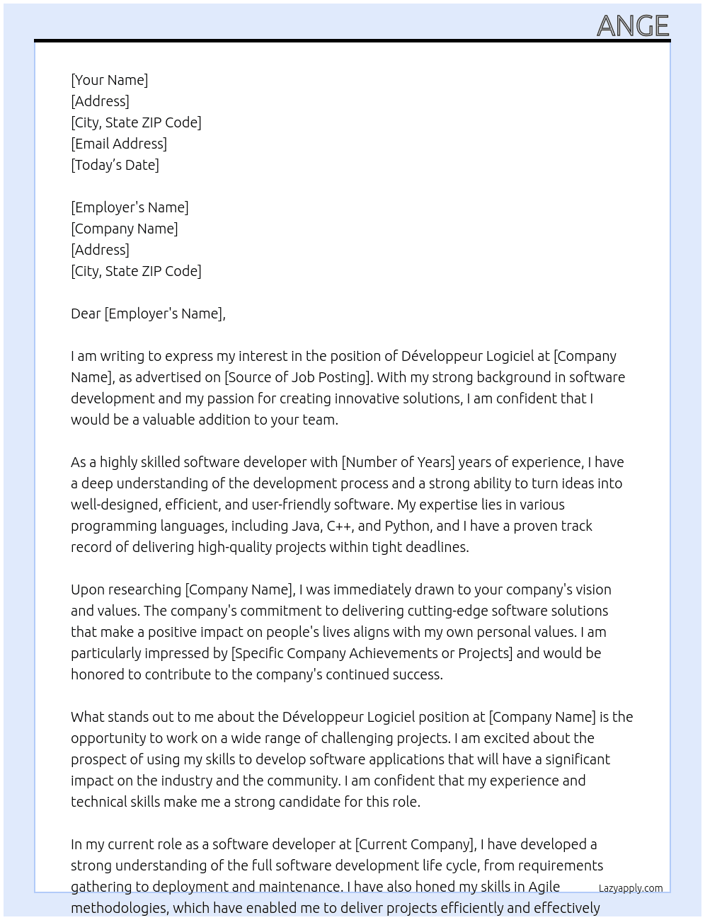 Cover letter for développeur logiciel - LazyApply