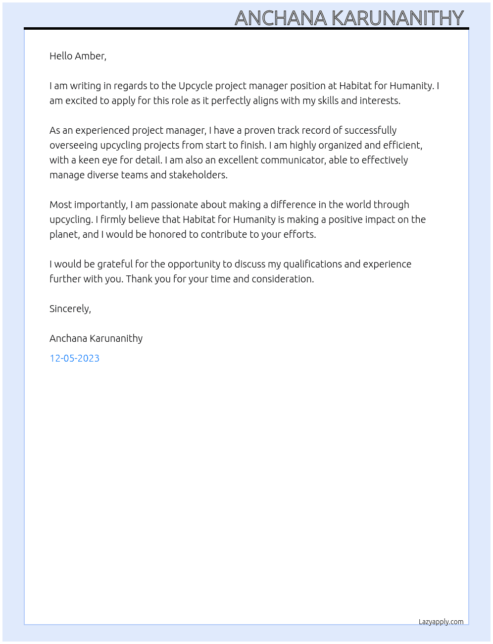 Upcycle project manager  At Habitat for Humanity Cover Letter