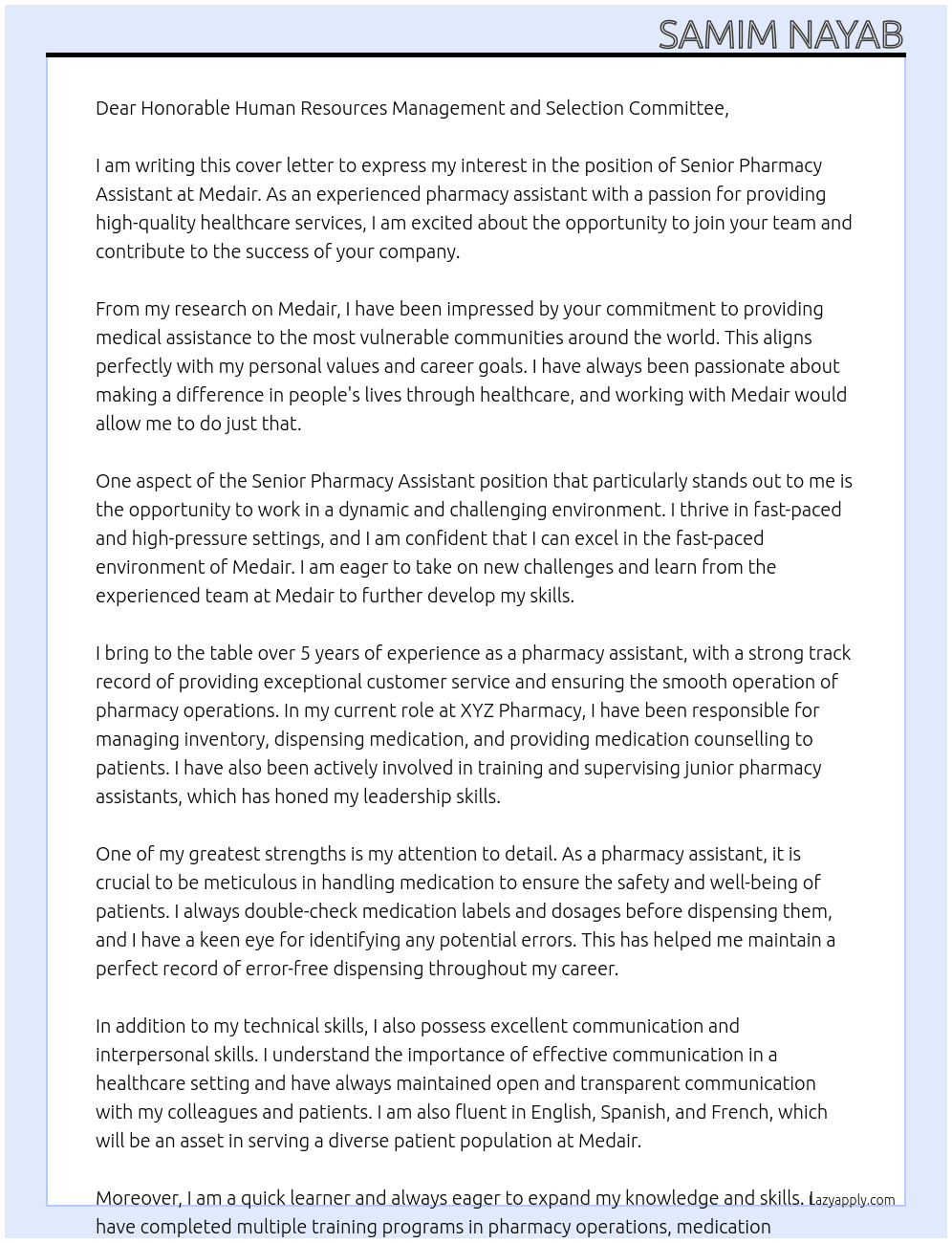 Senior Pharmacy Assistant At Medair Cover Letter