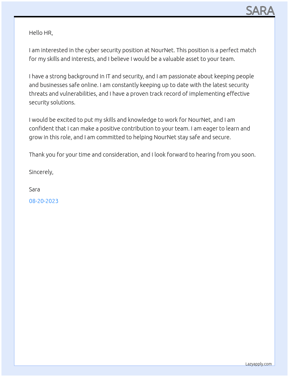 cyber security At NourNet Cover Letter