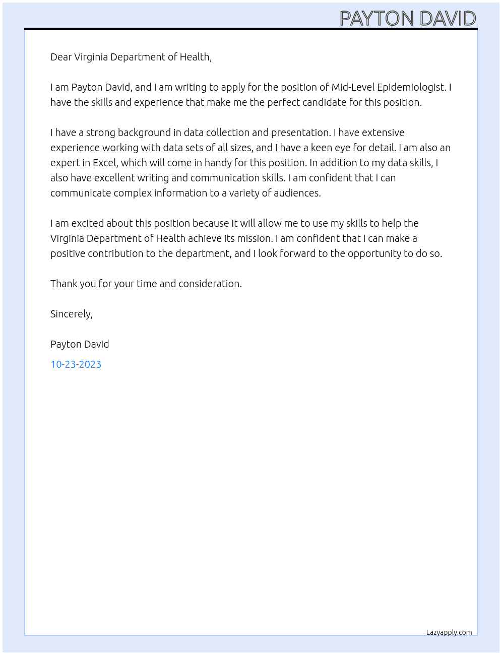 Mid-Level Epidemiologist At Virginia Department of Health  Cover Letter