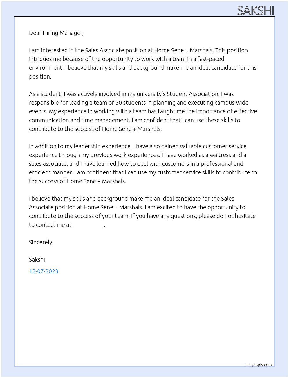Sales Associate At Home Sene + Marshals Cover Letter