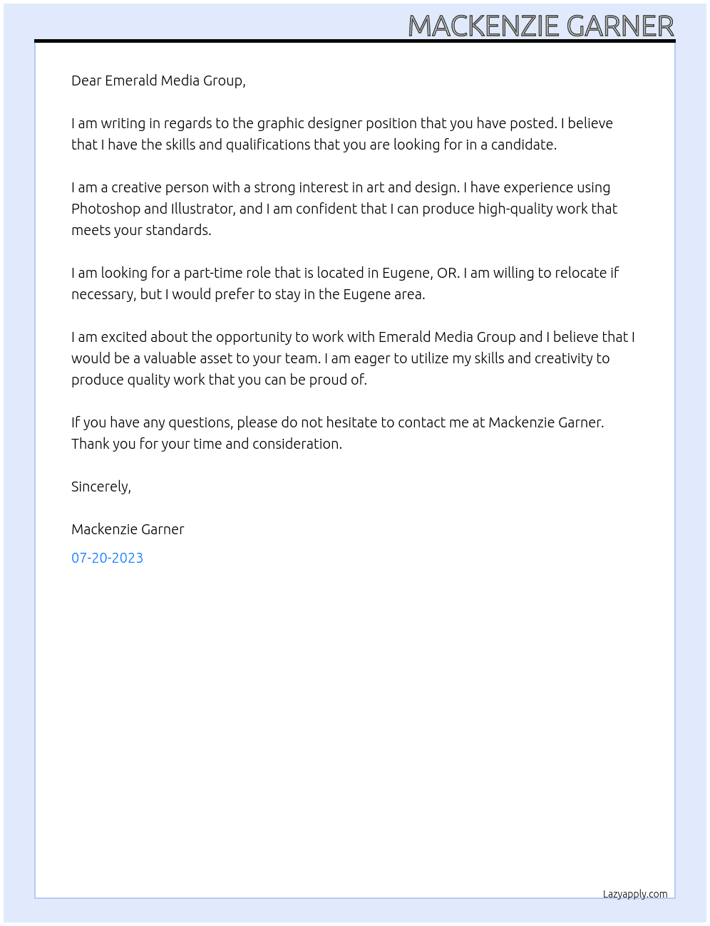 Graphic Designer At Emerald media group Cover Letter