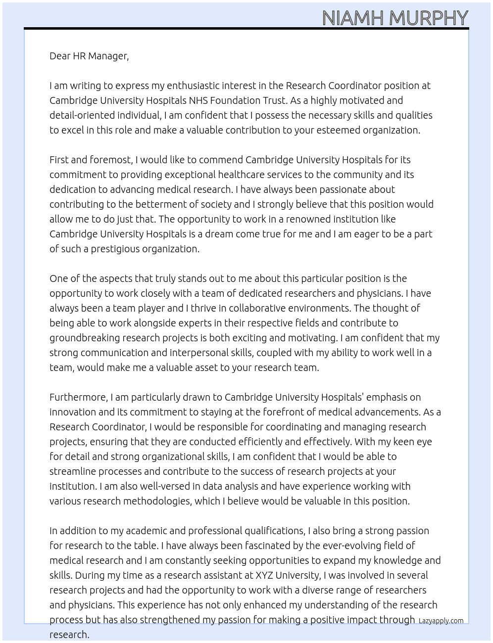 Research Coordinator At Cambridge University Hospitals NHS Foundation Trust Cover Letter