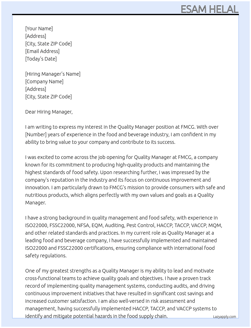 Quality Manager At FMCG Cover Letter