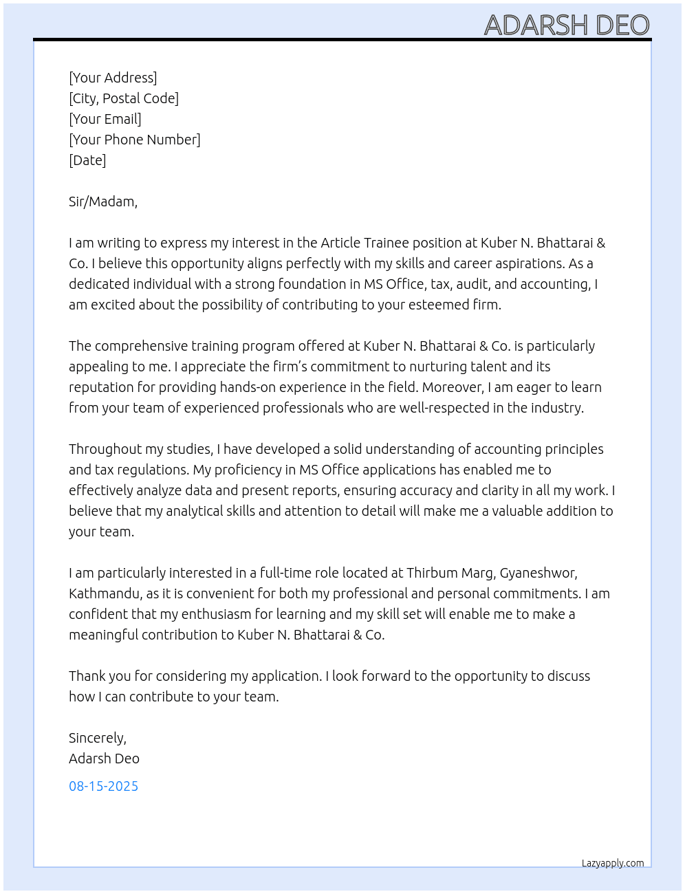 Article Trainee At Kuber N. Bhattarai & Co. Cover Letter