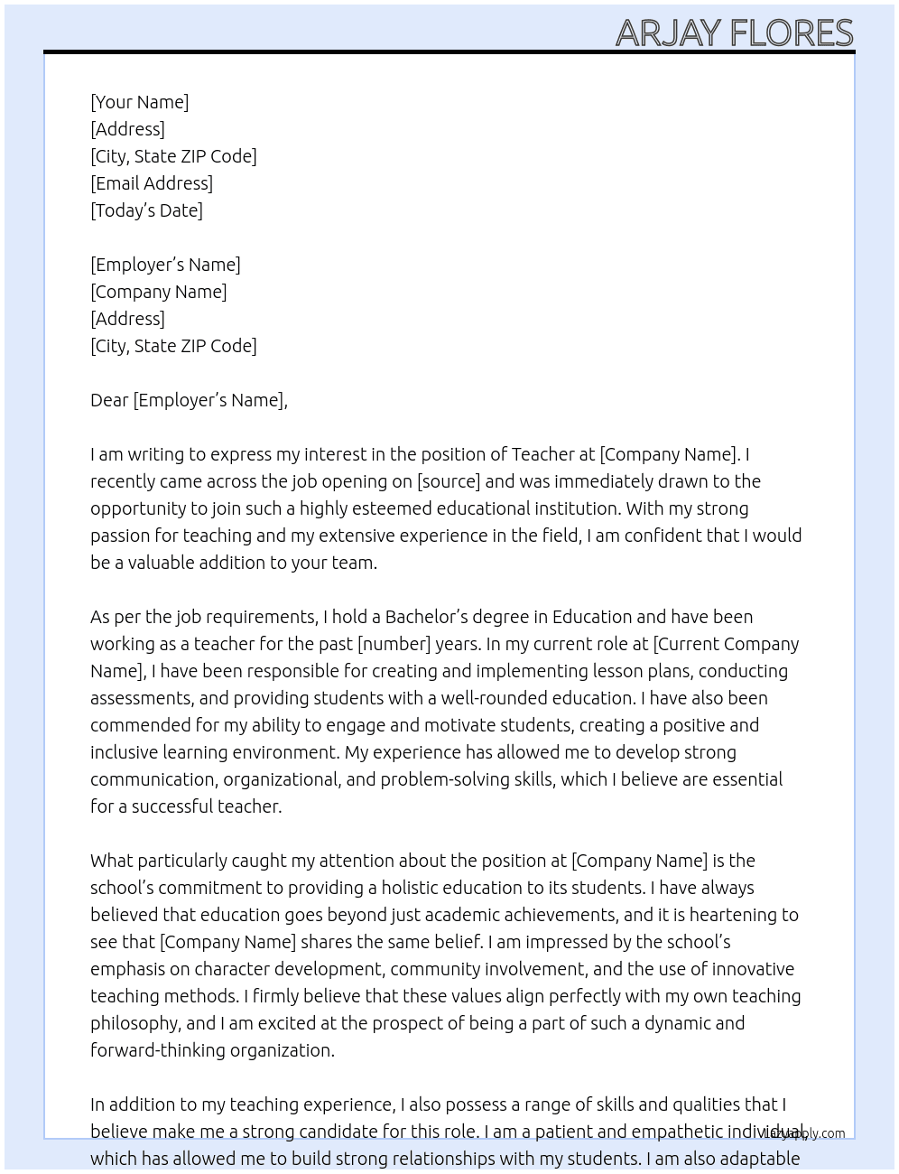 Teacher At jkgf Cover Letter