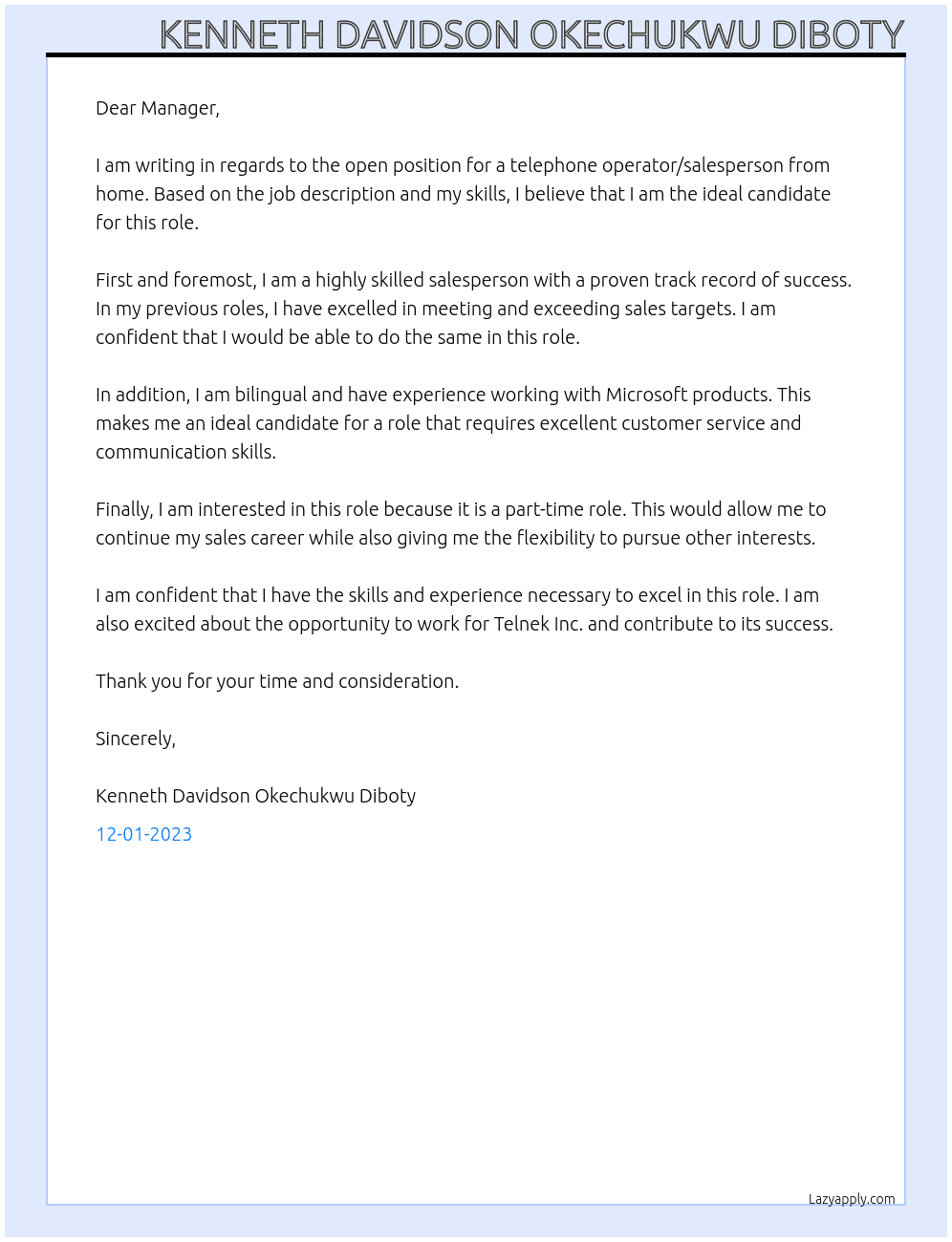 Telephone operator/salesperson from home At Telnek Inc Cover Letter