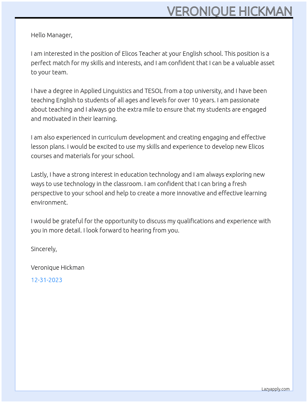elicos teacher At english school Cover Letter