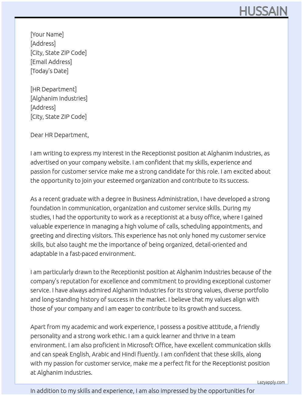 Receptionist fresher At Alghanim Industries Cover Letter