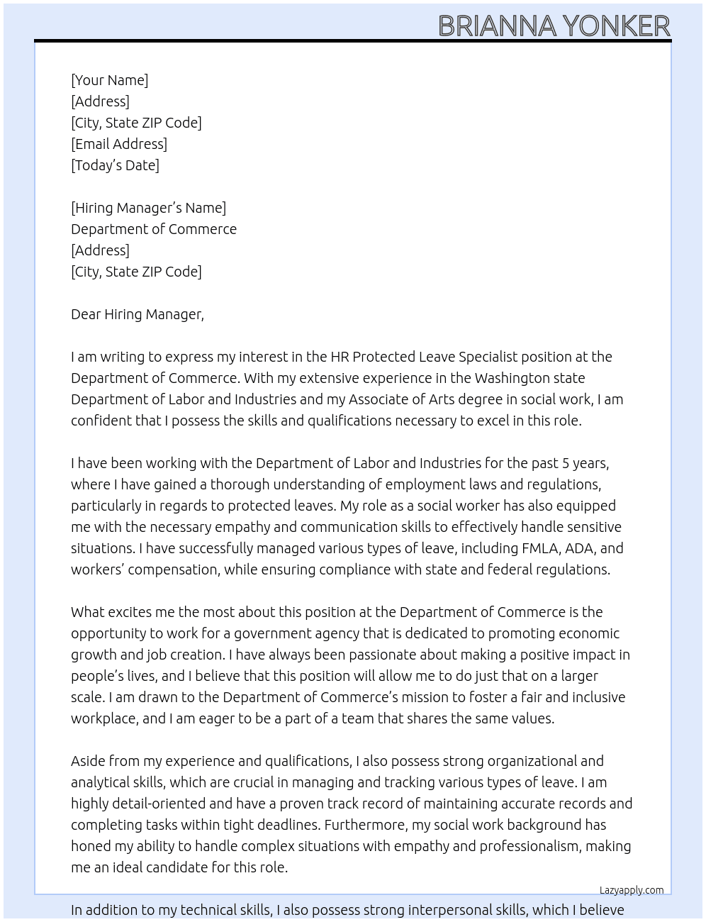 HR Protected Leave Specialist At Department of Commerce Cover Letter